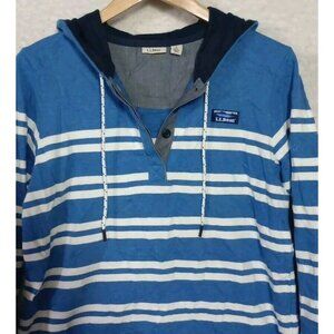 L.L. Bean Womens Hoodie Blue Striped Henley Pullover Sweatshirt Women's Size L